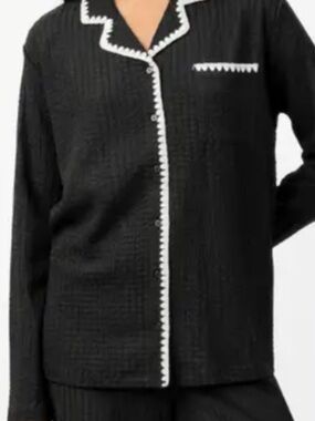 NWT Admasy luxury Black Button-Front Pajama Top with White Trim size medium